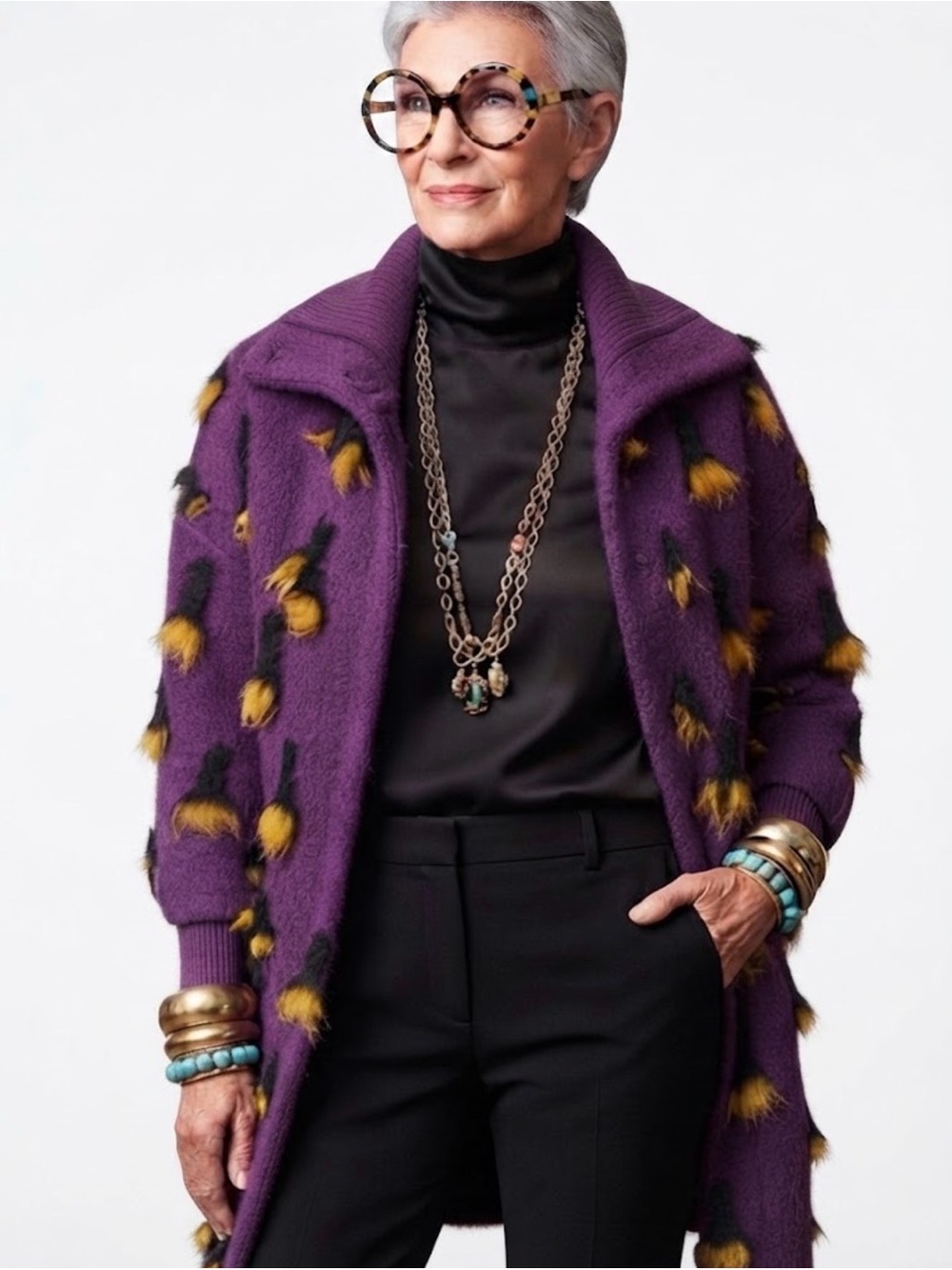 Rare Avis by Iris Apfel Purple Textured Knit Jacket with Yellow Tufts - Small